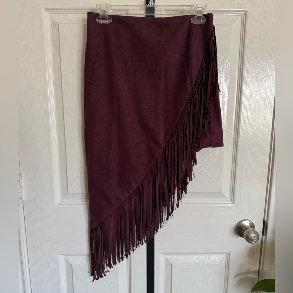 NWT Express Asymmetrical Fringe Skirt in Deep Plum
